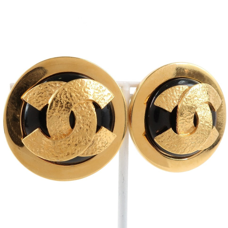 CHANEL Earring Plated Gold black COCO Mark Women Used Authentic