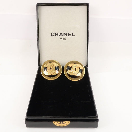CHANEL Earring Plated Gold black COCO Mark Women Used Authentic