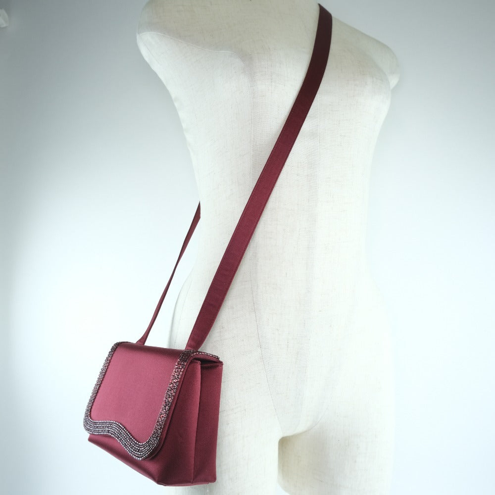 CHANEL Shoulder Bag Satin, Rhinestone Bordeaux COCO Mark Party bag Women Used Authentic