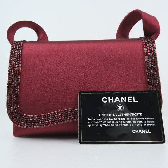 CHANEL Shoulder Bag Satin, Rhinestone Bordeaux COCO Mark Party bag Women Used Authentic