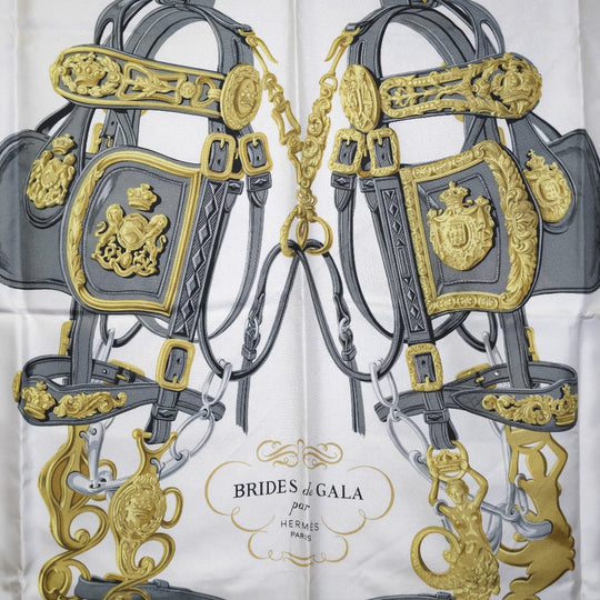 HERMES scarf silk White BRIDES de GALA Carre90 Women Used Authentic