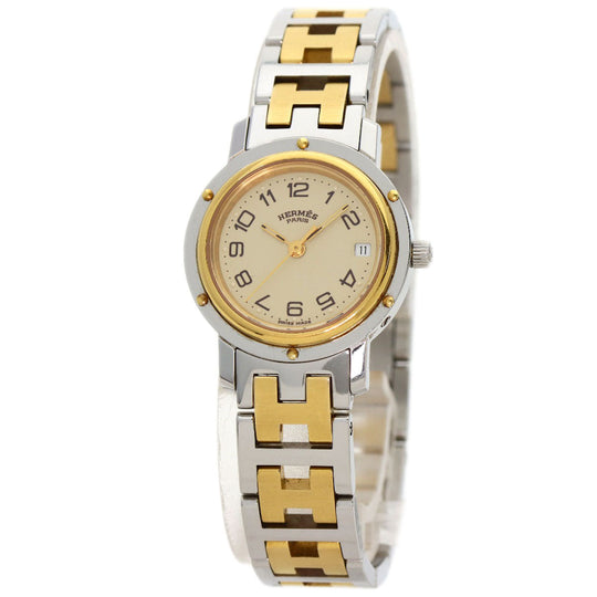 HERMES Watches Quartz CL4.220 Stainless Steel, Combination gold Clipper Old Belt Ivory dial Women Used Authentic