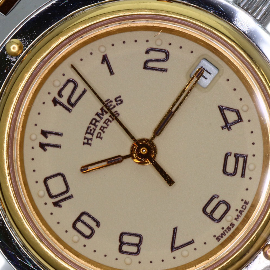 HERMES Watches Quartz CL4.220 Stainless Steel, Combination gold Clipper Old Belt Ivory dial Women Used Authentic