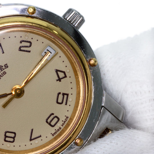 HERMES Watches Quartz CL4.220 Stainless Steel, Combination gold Clipper Old Belt Ivory dial Women Used Authentic