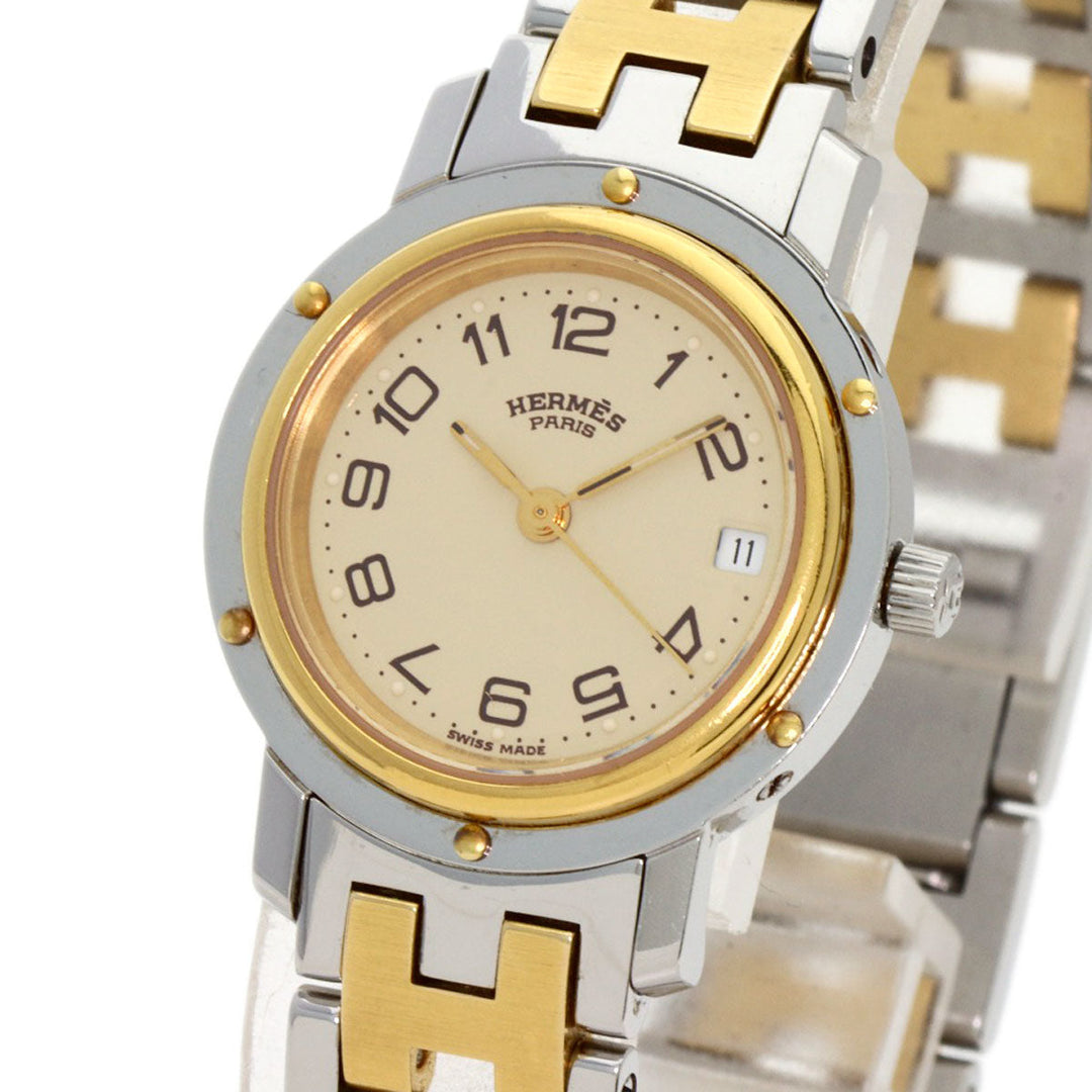 HERMES Watches Quartz CL4.220 Stainless Steel, Combination gold Clipper Old Belt Ivory dial Women Used Authentic