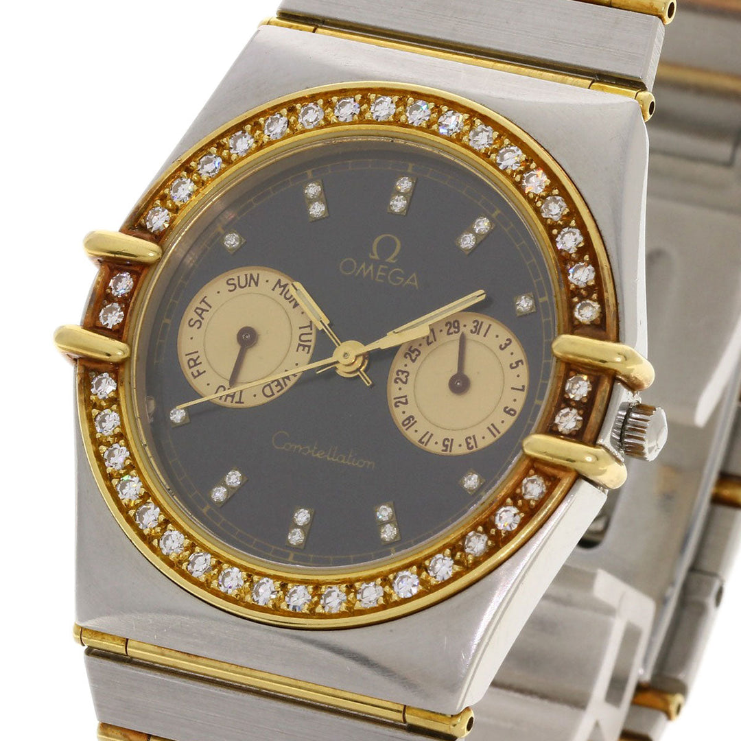 OMEGA Watches Quartz Stainless Steel, Combination, Diamond gold Constellation Flat Bezel Full Bar Diamond black dial mens Used Authentic