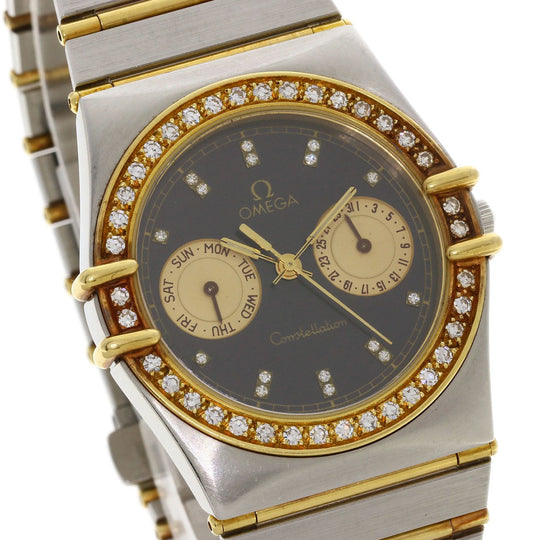 OMEGA Watches Quartz Stainless Steel, Combination, Diamond gold Constellation Flat Bezel Full Bar Diamond black dial mens Used Authentic