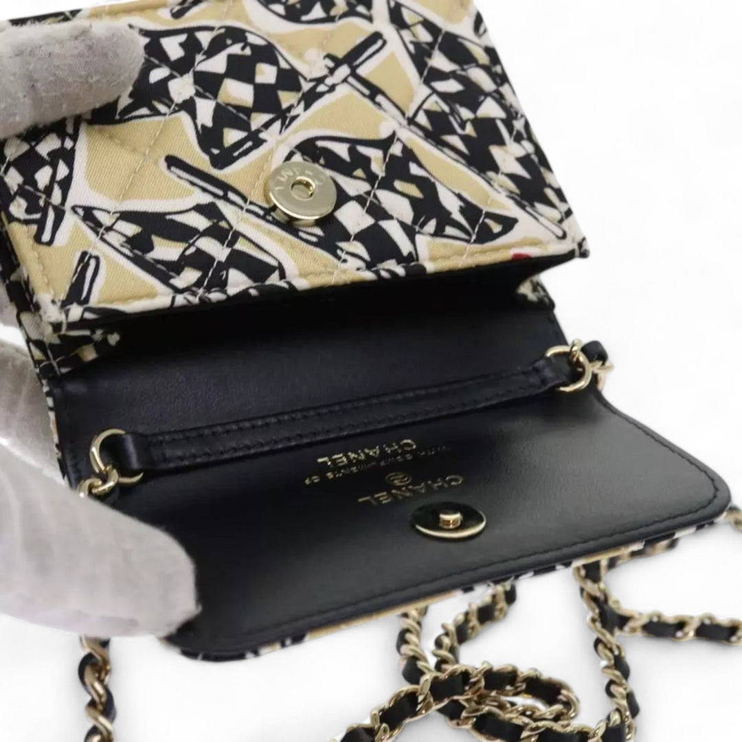 Chanel Mini Matelasse Shoulder Bag Canvas Beige Black CC Logo Chain Strap Women Handbag