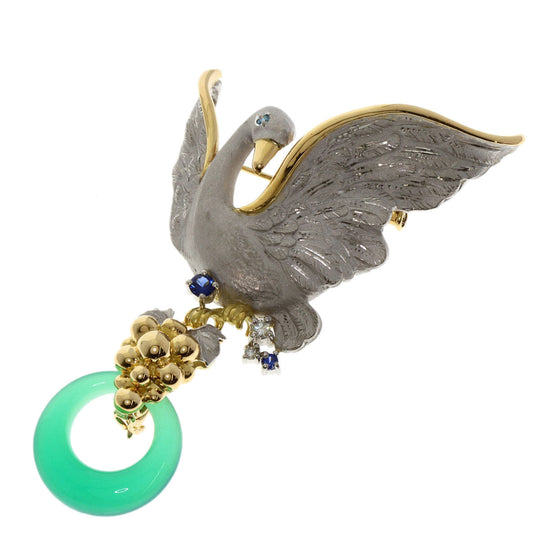 NOBUKO ISHIKAWA Brooch PT900 Silver as time swan green chalcedony sapphire diamond