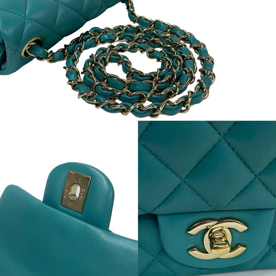 CHANEL Shoulder Bag lambskin Turquoise Matrasse