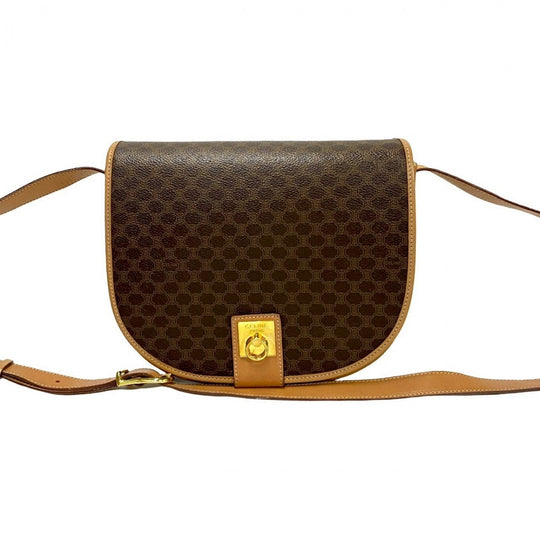 CELINE Shoulder Bag leather Brown logo Macadam Blason TriomphePattern
