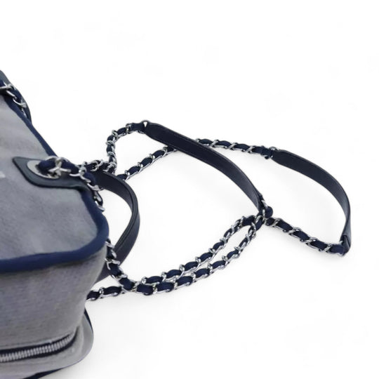 Chanel Deauville Shoulder Bag Canvas Navy Blue Women Handbag Chain Strap