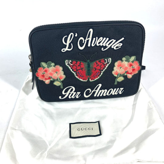 GUCCI Clutch bag 473883 Nylon black Flower Butterfly Butterfly Flower embroidery embroidery unisex(Unisex) Used Authentic