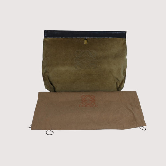 Loewe Suede Clutch Bag Olive Green Unisex Designer Handbag with Dust Bag Vintage Style