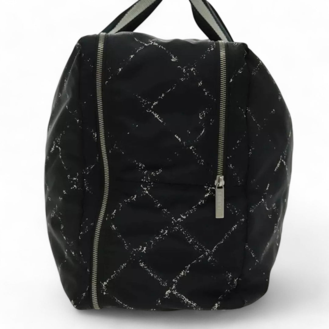 Chanel Travel Line Boston Bag Nylon Black Silver Unisex Large Tote Travel Bag