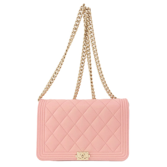 CHANEL Long Wallet Purse Caviar skin pink Boy Chanel SilverMetal Women Used Authentic