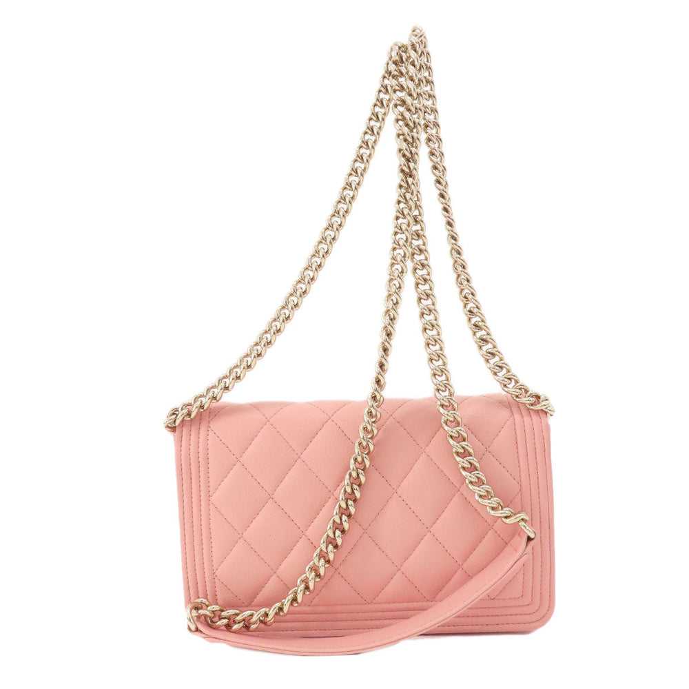 CHANEL Long Wallet Purse Caviar skin pink Boy Chanel SilverMetal Women Used Authentic