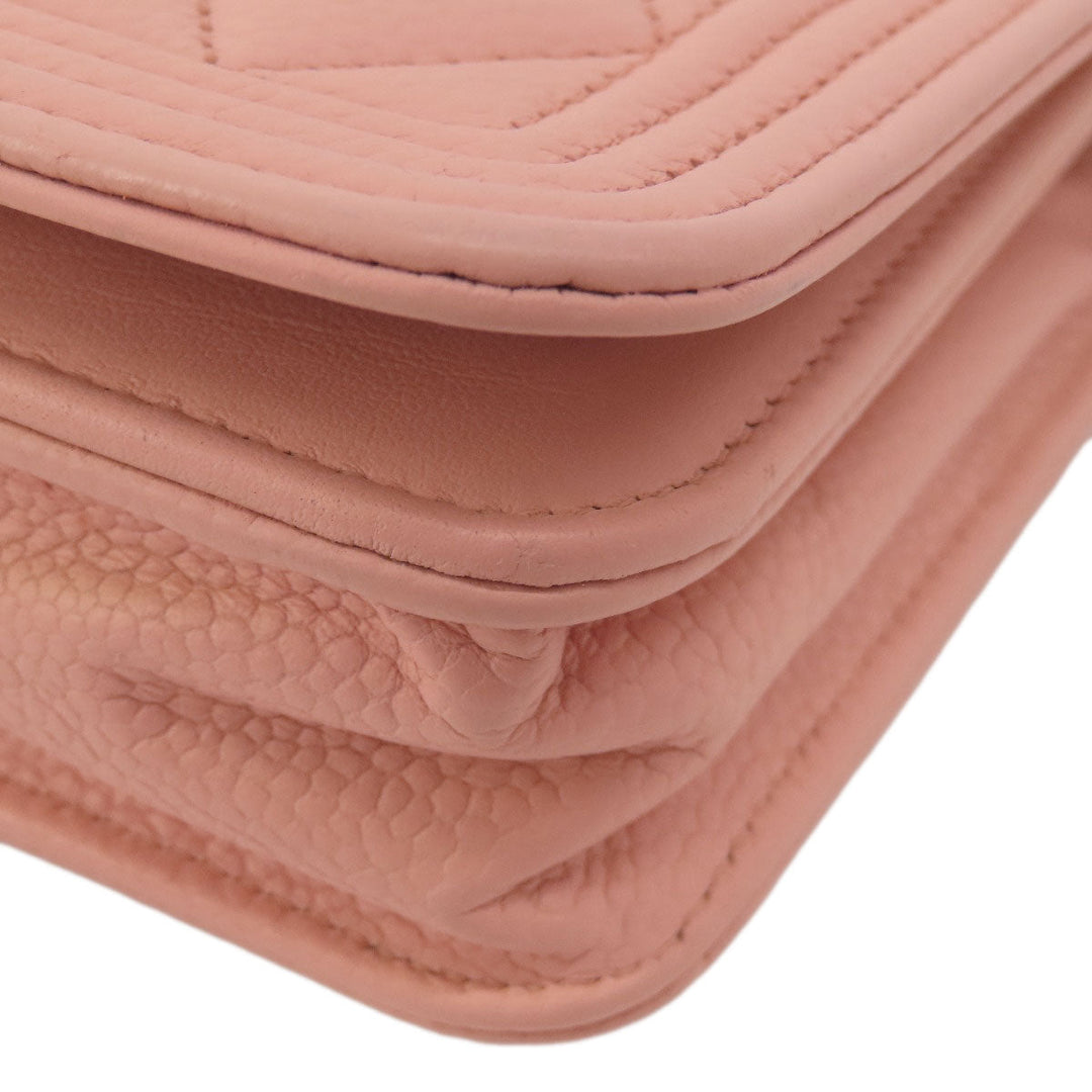 CHANEL Long Wallet Purse Caviar skin pink Boy Chanel SilverMetal Women Used Authentic