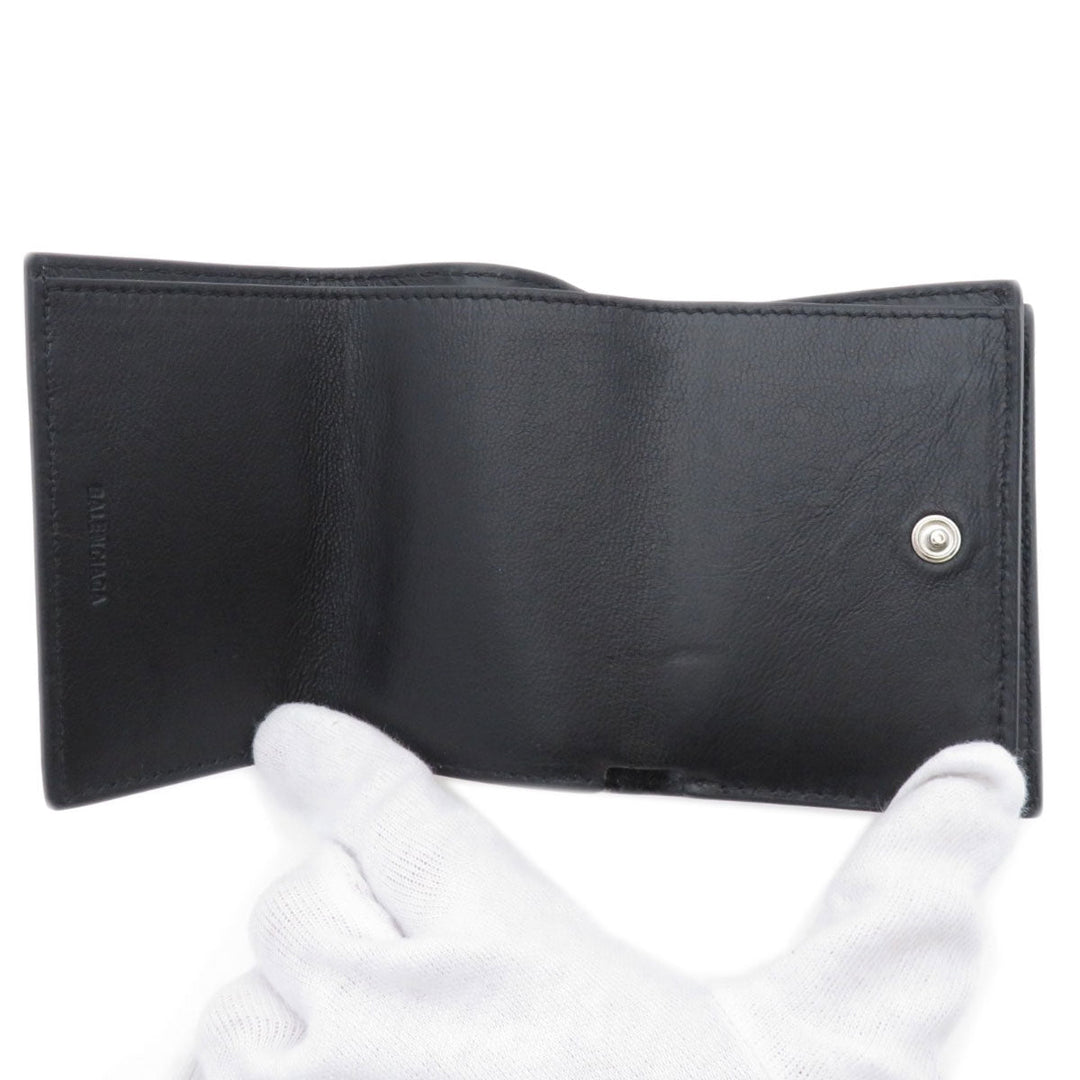 BALENCIAGA Bifold Wallet 594312 Calfskin black Logo motif mini wallet tri-fold Women Used Authentic