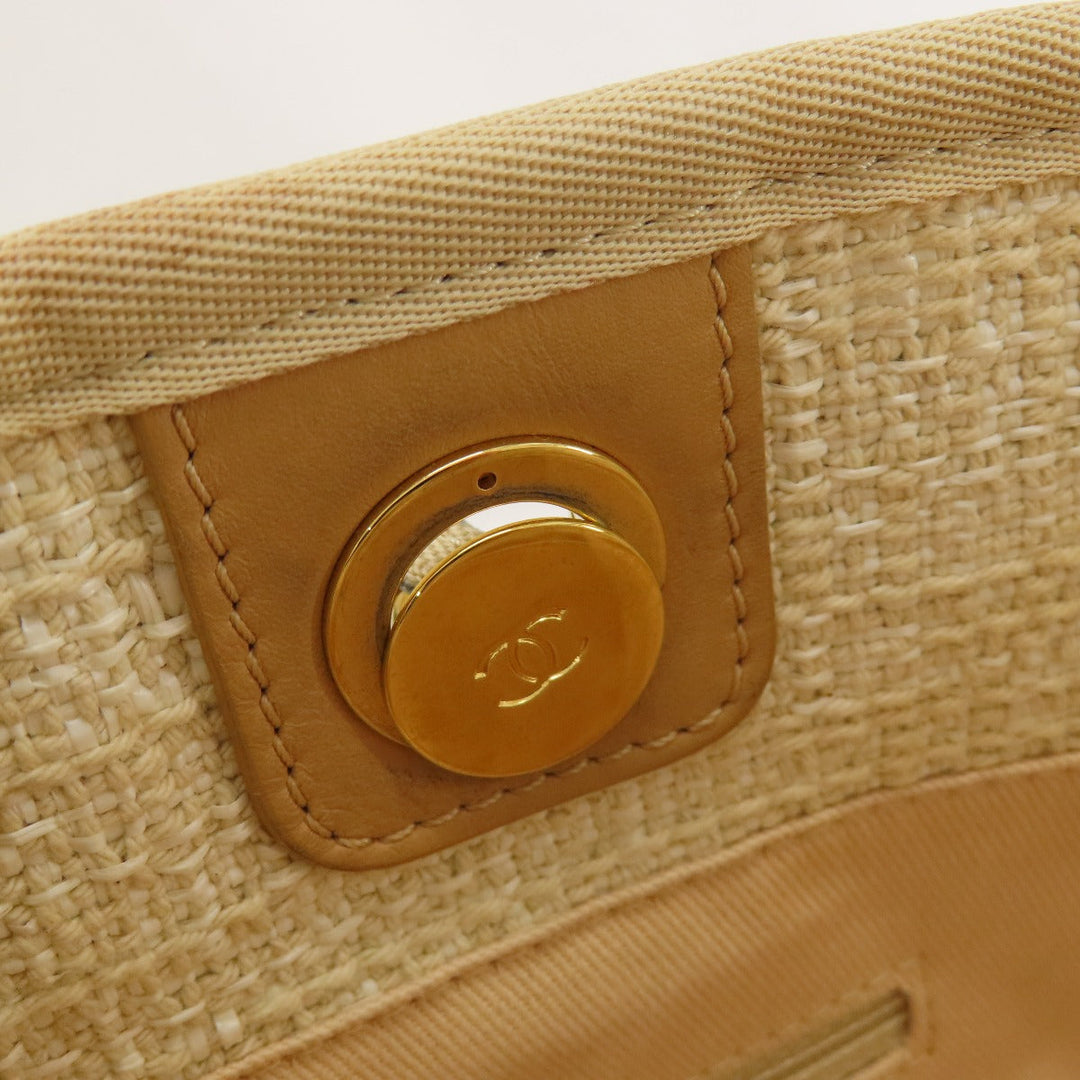 CHANEL Tote Bag Tweed white Deauville MM Gold Metal Women Used Authentic