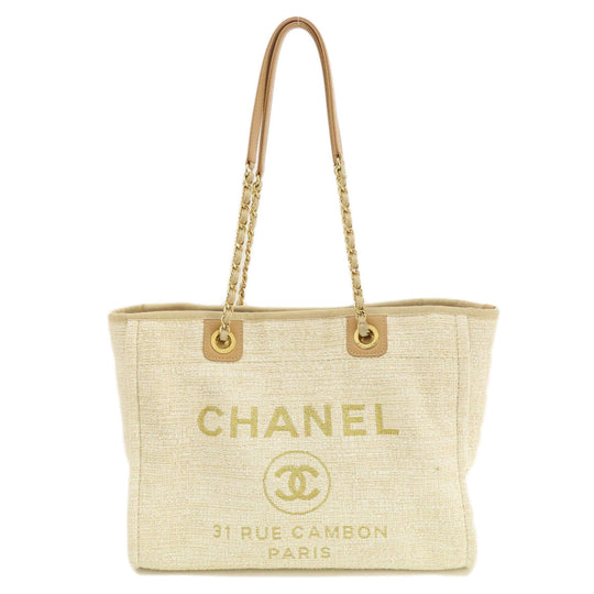 CHANEL Tote Bag Tweed white Deauville MM Gold Metal Women Used Authentic