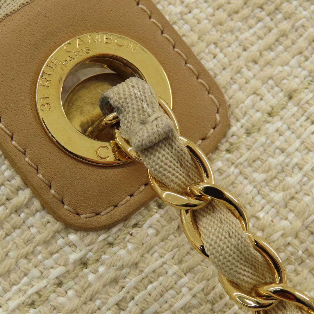 CHANEL Tote Bag Tweed white Deauville MM Gold Metal Women Used Authentic