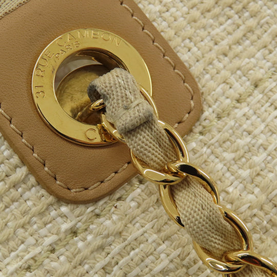 CHANEL Tote Bag Tweed white Deauville MM Gold Metal Women Used Authentic