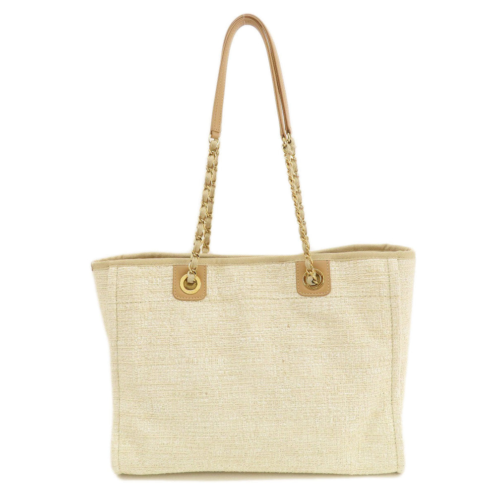 CHANEL Tote Bag Tweed white Deauville MM Gold Metal Women Used Authentic