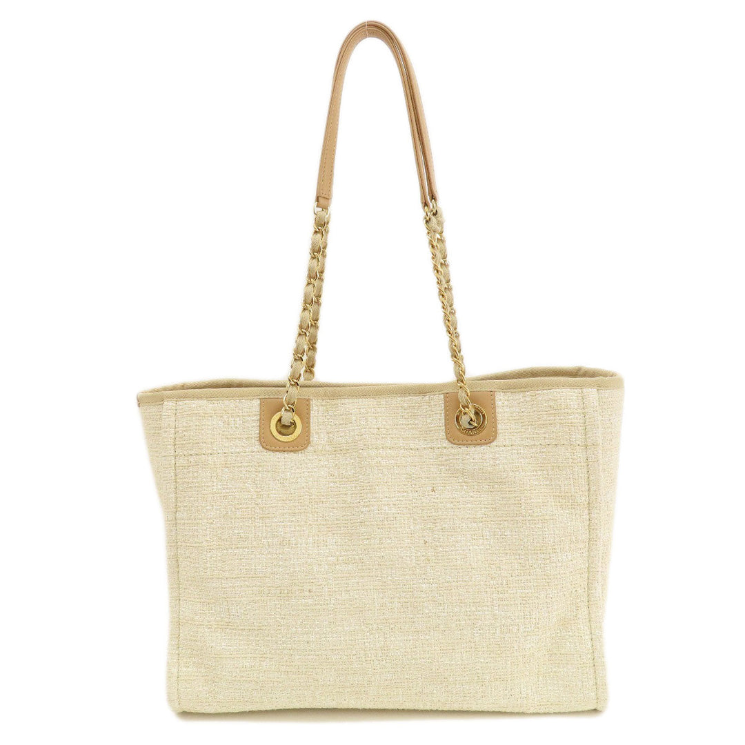 CHANEL Tote Bag Tweed white Deauville MM Gold Metal Women Used Authentic