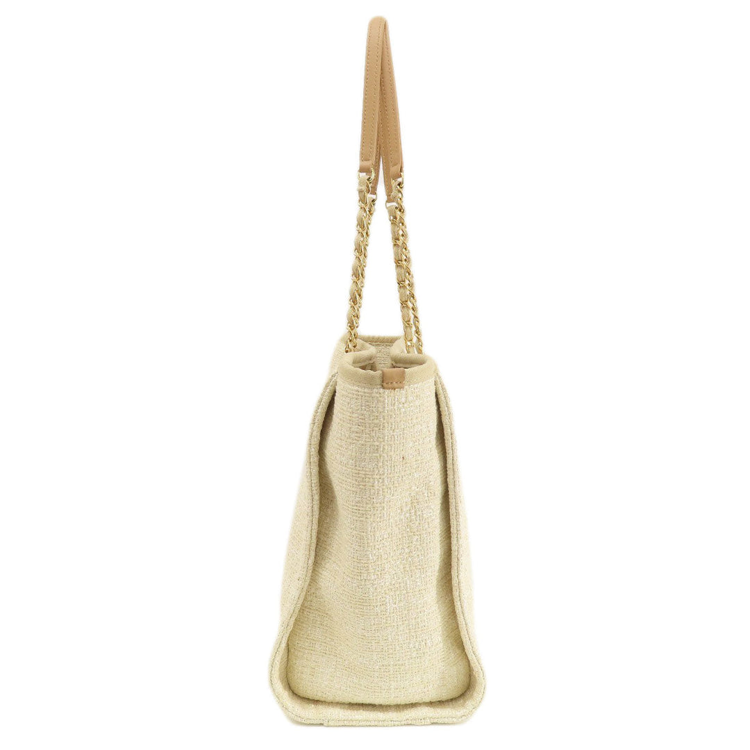 CHANEL Tote Bag Tweed white Deauville MM Gold Metal Women Used Authentic