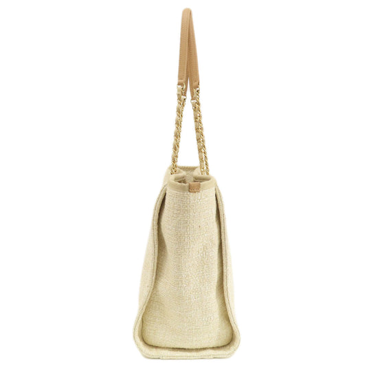 CHANEL Tote Bag Tweed white Deauville MM Gold Metal Women Used Authentic