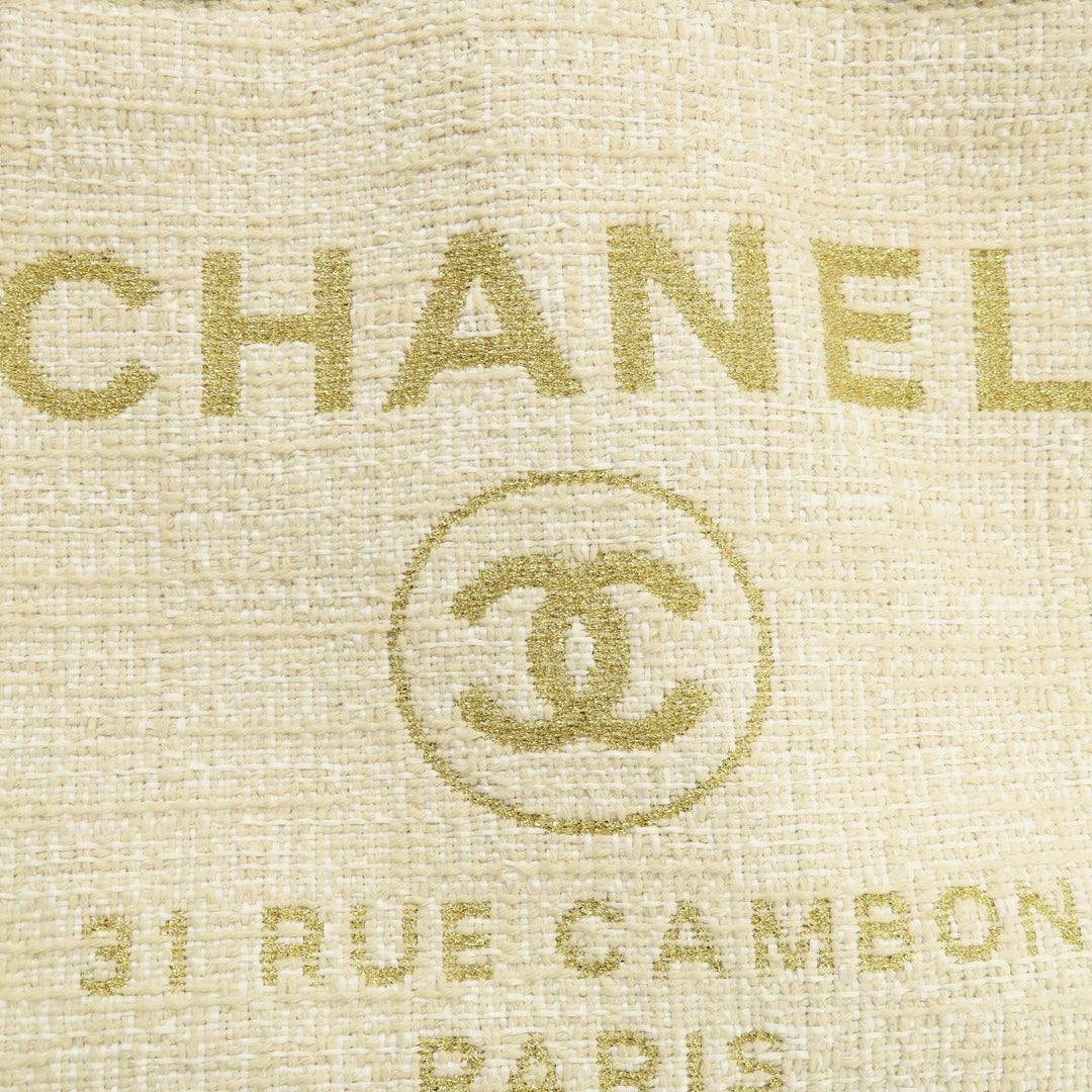 CHANEL Tote Bag Tweed white Deauville MM Gold Metal Women Used Authentic