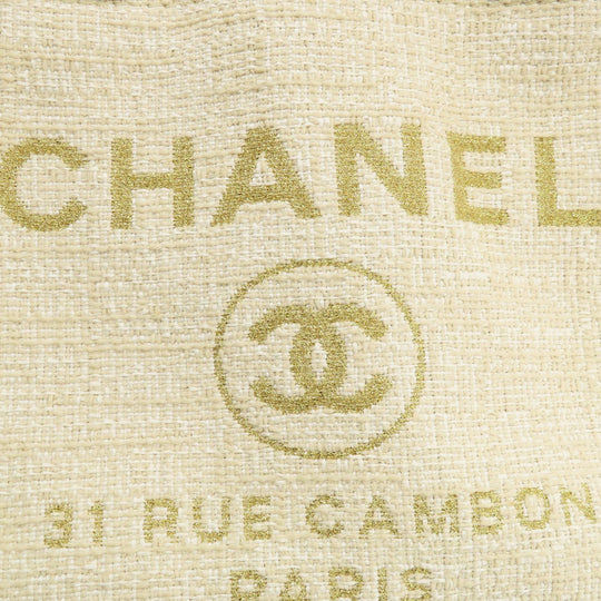 CHANEL Tote Bag Tweed white Deauville MM Gold Metal Women Used Authentic