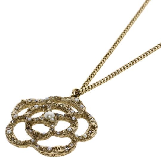 CHANEL Necklace metallic gold Camellia Fake Pearl Women Used Authentic