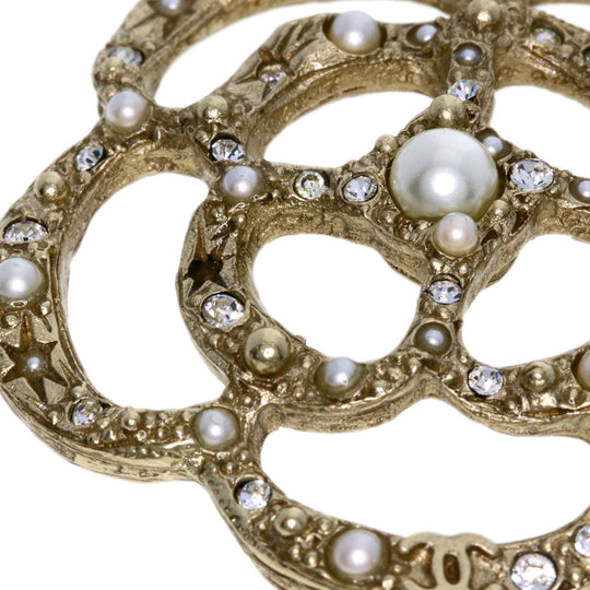 CHANEL Necklace metallic gold Camellia Fake Pearl Women Used Authentic