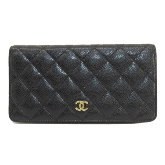 CHANEL Long Wallet Purse Caviar skin black Matelasse COCO Mark Gold Metal