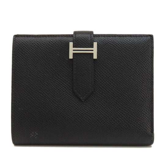 HERMES Bifold Wallet Epsom black Bearn Compact Black SilverMetal Women Used Authentic