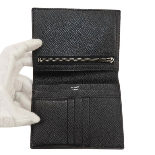 HERMES Bifold Wallet Epsom black Bearn Compact Black SilverMetal Women Used Authentic