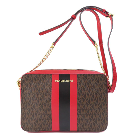 MICHAEL KORS Shoulder Bag PVC Brown Stripe MK Signature Women Used Authentic