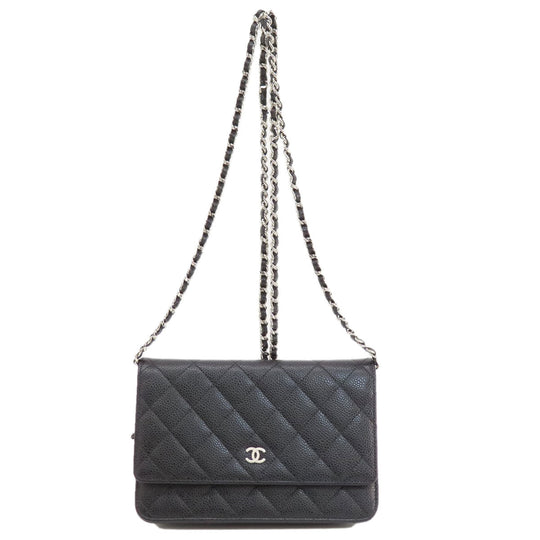 CHANEL Long Wallet Purse Caviar skin black Chain Wallet Matelasse SilverMetal Women Used Authentic