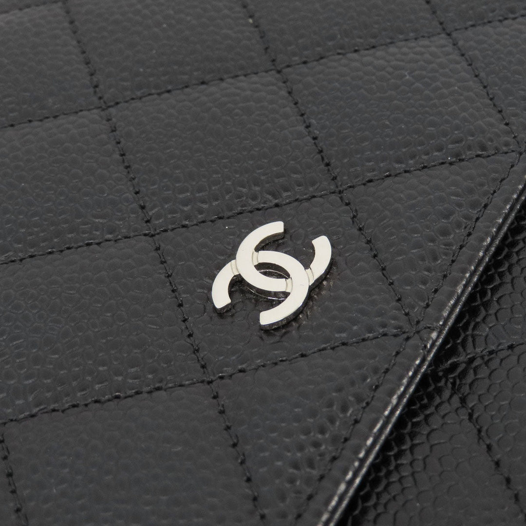 CHANEL Long Wallet Purse Caviar skin black Chain Wallet Matelasse SilverMetal Women Used Authentic
