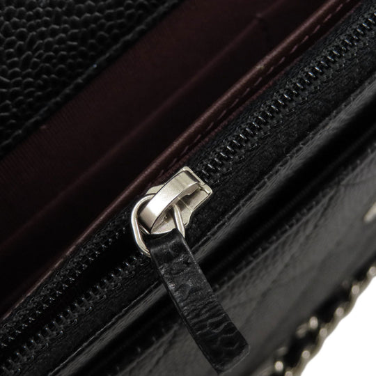 CHANEL Long Wallet Purse Caviar skin black Chain Wallet Matelasse SilverMetal Women Used Authentic