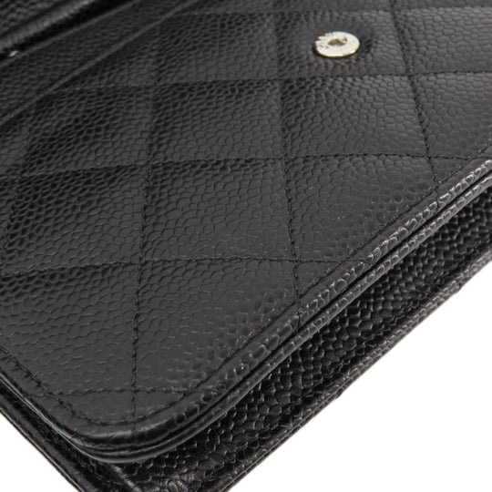CHANEL Long Wallet Purse Caviar skin black Chain Wallet Matelasse SilverMetal Women Used Authentic