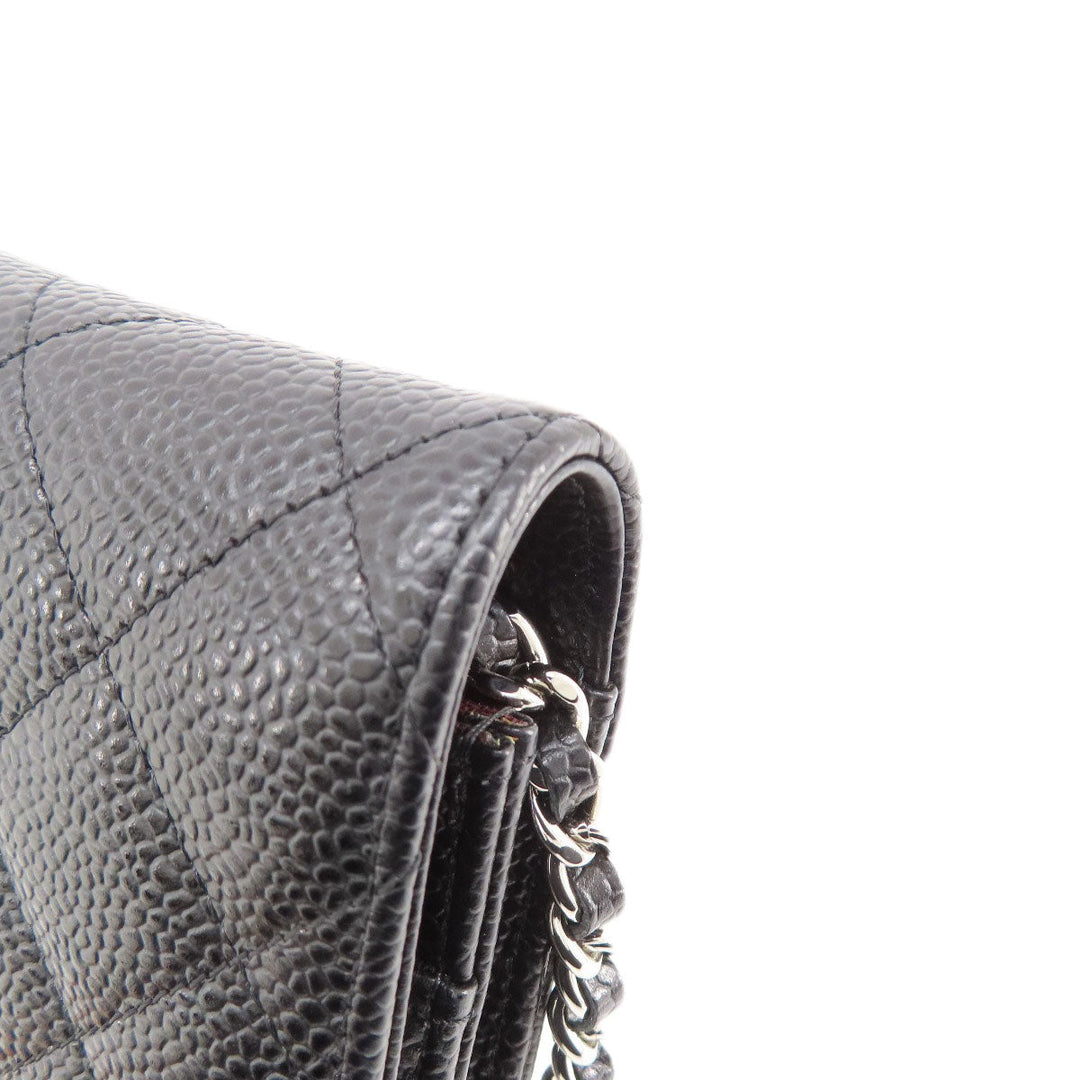 CHANEL Long Wallet Purse Caviar skin black Chain Wallet Matelasse SilverMetal Women Used Authentic