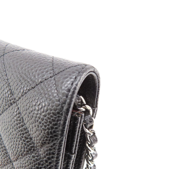 CHANEL Long Wallet Purse Caviar skin black Chain Wallet Matelasse SilverMetal Women Used Authentic