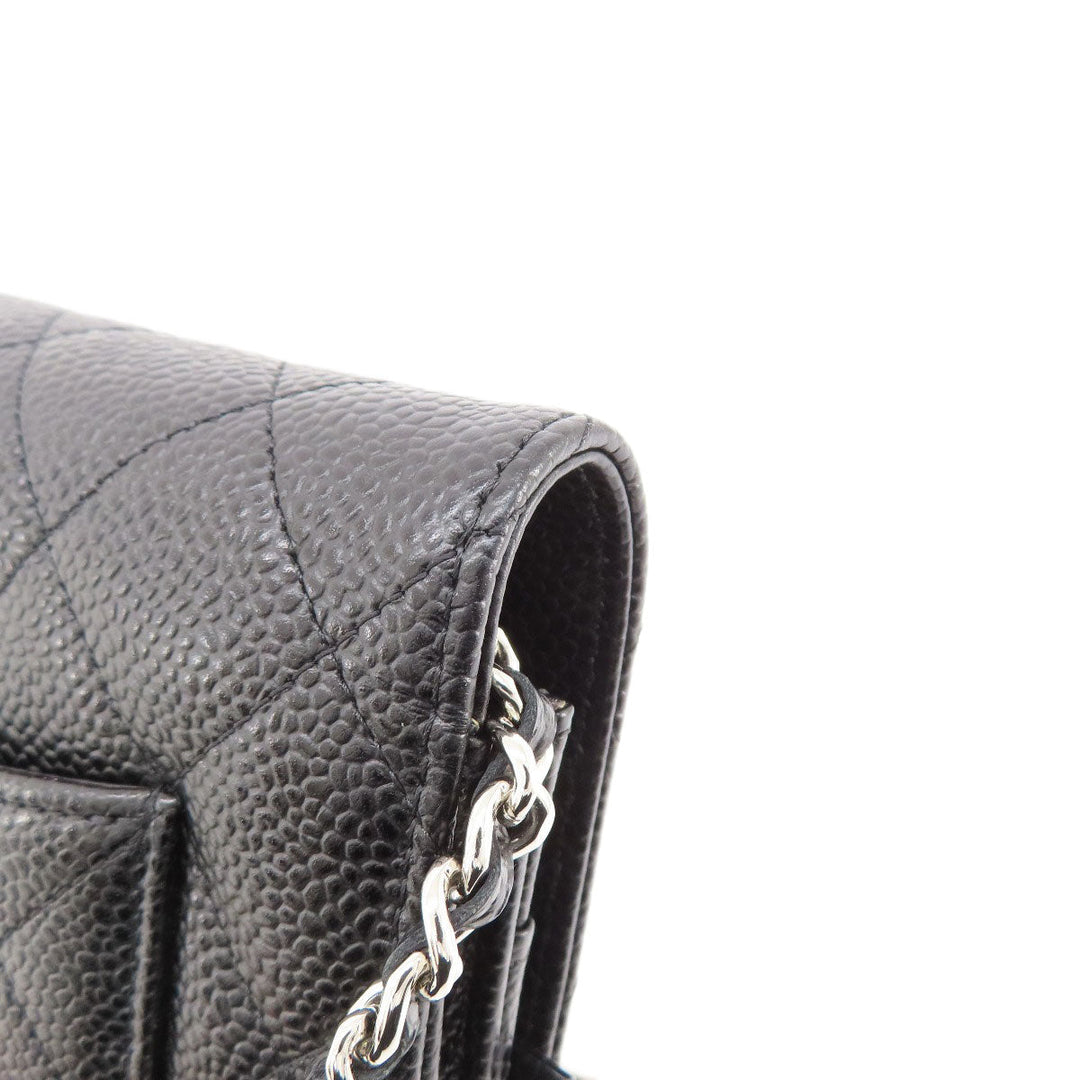 CHANEL Long Wallet Purse Caviar skin black Chain Wallet Matelasse SilverMetal Women Used Authentic
