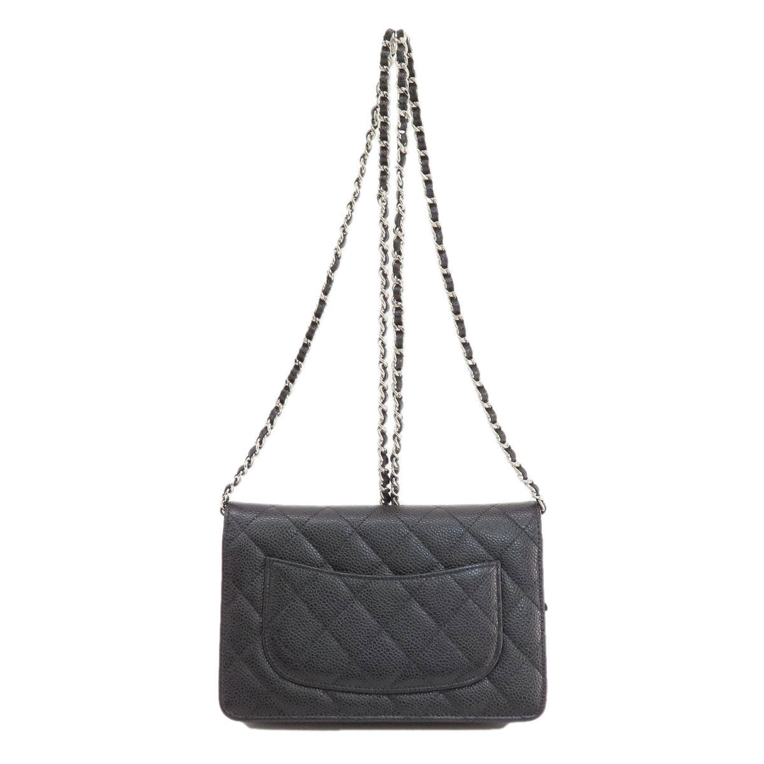CHANEL Long Wallet Purse Caviar skin black Chain Wallet Matelasse SilverMetal Women Used Authentic
