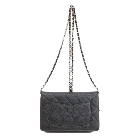 CHANEL Long Wallet Purse Caviar skin black Chain Wallet Matelasse SilverMetal Women Used Authentic