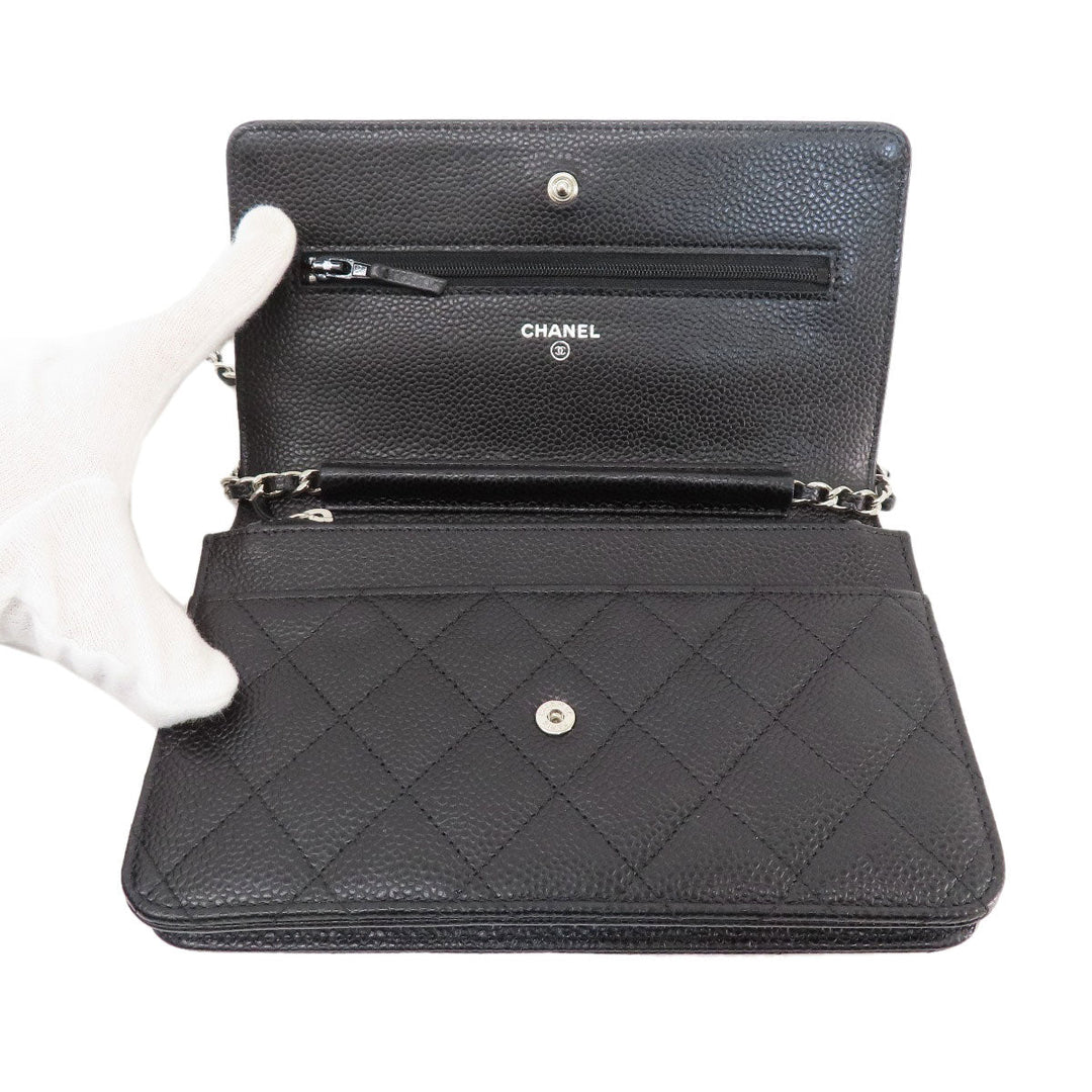 CHANEL Long Wallet Purse Caviar skin black Chain Wallet Matelasse SilverMetal Women Used Authentic