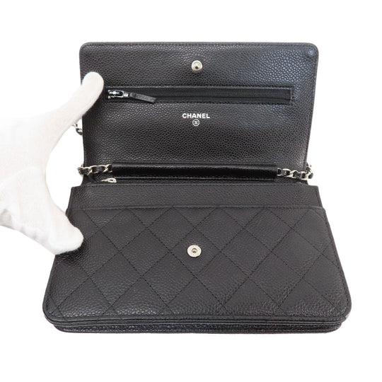 CHANEL Long Wallet Purse Caviar skin black Chain Wallet Matelasse SilverMetal Women Used Authentic